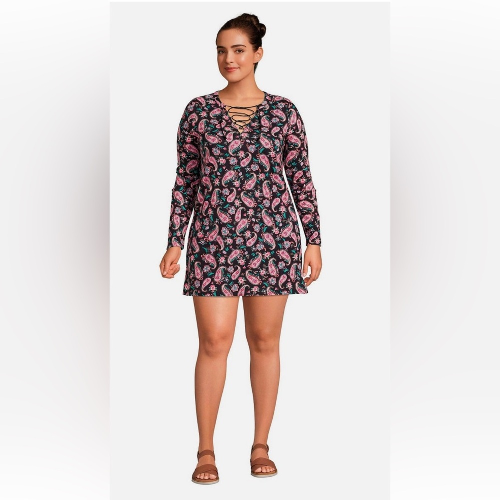 Lands End Paisley Lace-Up Long Sleeve Cover Up Dress - Black & Pink XL